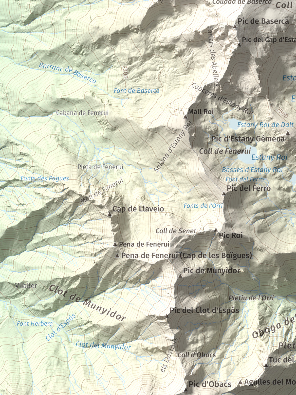 Mapa de relieve de Punta Senyalada, 2952 m, Alta Ribagorça, lámina 100 Cims de Trobart. Detalle de la zona inferior izquierda. 30 × 40 cm.