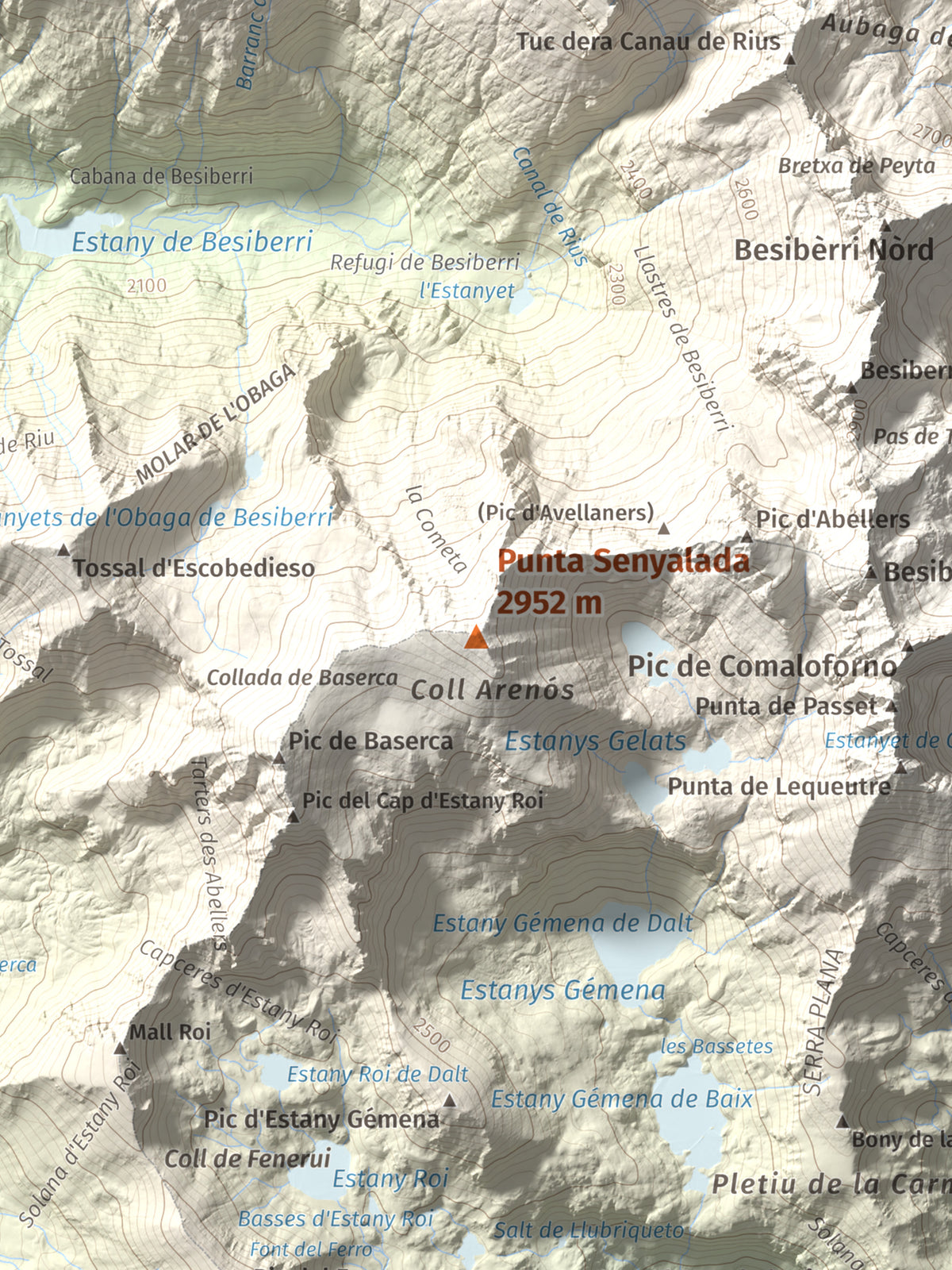 Mapa de relieve de Punta Senyalada, 2952 m, Alta Ribagorça, lámina 100 Cims de Trobart. Detalle de la zona central. 30 × 40 cm.