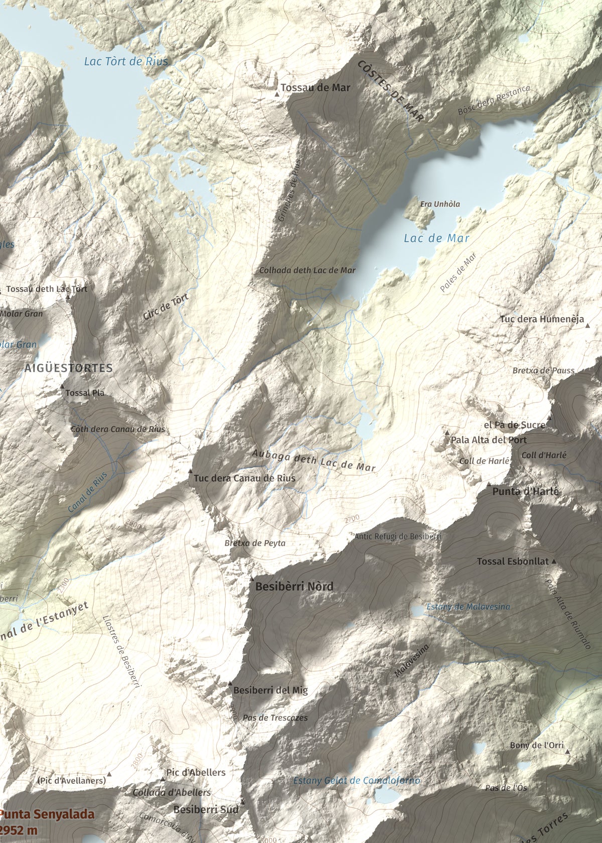 Mapa de relieve de Punta Senyalada, 2952 m, Alta Ribagorça, lámina 100 Cims de Trobart. Detalle de la zona superior derecha. 50 × 70 cm.