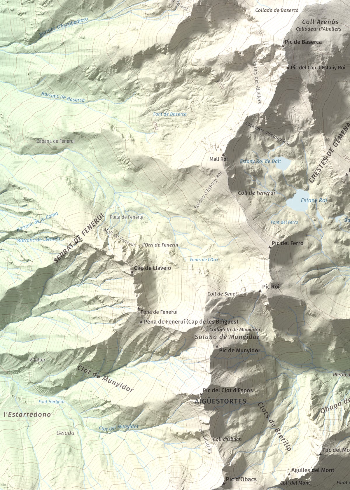 Mapa de relieve de Punta Senyalada, 2952 m, Alta Ribagorça, lámina 100 Cims de Trobart. Detalle de la zona inferior izquierda. 50 × 70 cm.