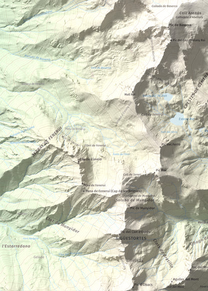 Mapa de relieve de Punta Senyalada, 2952 m, Alta Ribagorça, lámina 100 Cims de Trobart. Detalle de la zona inferior izquierda. 50 × 70 cm.
