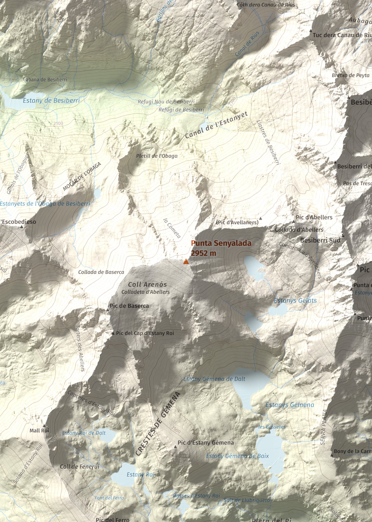 Mapa de relieve de Punta Senyalada, 2952 m, Alta Ribagorça, lámina 100 Cims de Trobart. Detalle de la zona central. 50 × 70 cm.