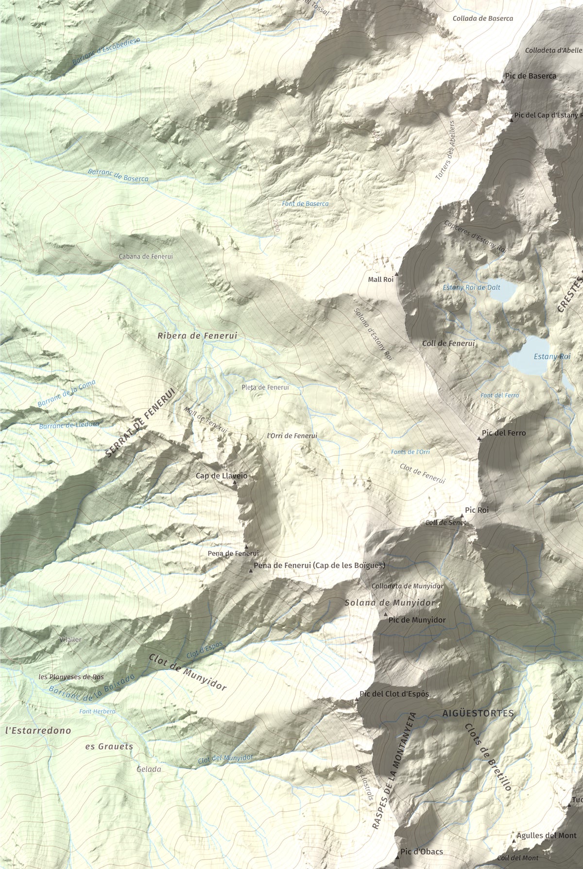 Mapa de relieve de Punta Senyalada, 2952 m, Alta Ribagorça, lámina 100 Cims de Trobart. Detalle de la zona inferior izquierda. 61 × 91 cm.