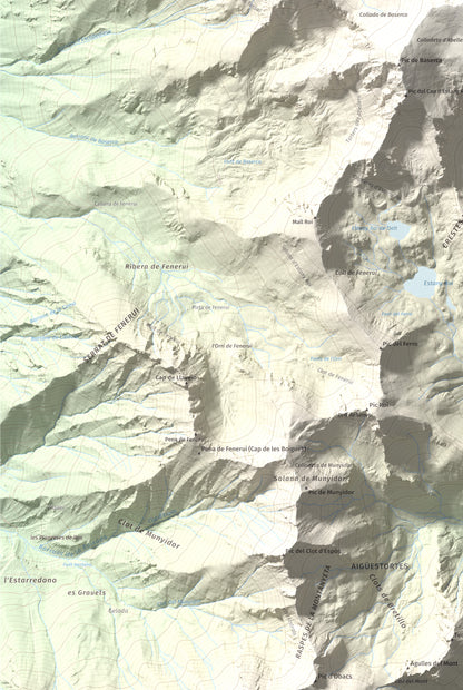 Mapa de relieve de Punta Senyalada, 2952 m, Alta Ribagorça, lámina 100 Cims de Trobart. Detalle de la zona inferior izquierda. 61 × 91 cm.