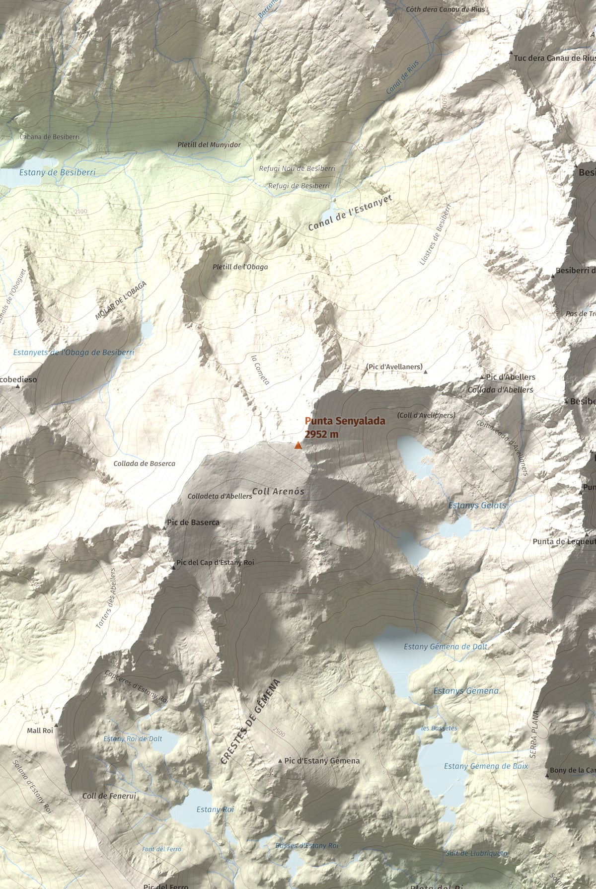 Mapa de relieve de Punta Senyalada, 2952 m, Alta Ribagorça, lámina 100 Cims de Trobart. Detalle de la zona central. 61 × 91 cm.