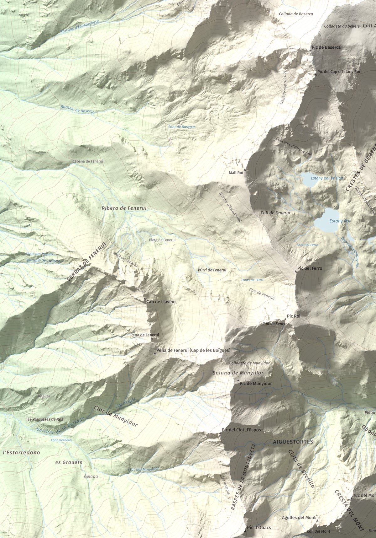 Mapa de relieve de Punta Senyalada, 2952 m, Alta Ribagorça, lámina 100 Cims de Trobart. Detalle de la zona inferior izquierda. 70 × 100 cm.