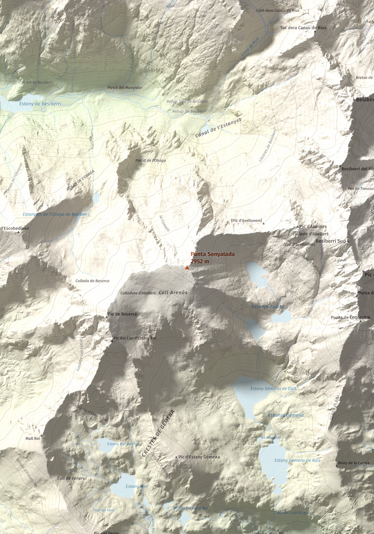 Mapa de relieve de Punta Senyalada, 2952 m, Alta Ribagorça, lámina 100 Cims de Trobart. Detalle de la zona central. 70 × 100 cm.