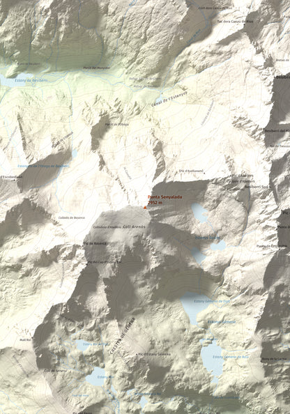 Mapa de relieve de Punta Senyalada, 2952 m, Alta Ribagorça, lámina 100 Cims de Trobart. Detalle de la zona central. 70 × 100 cm.