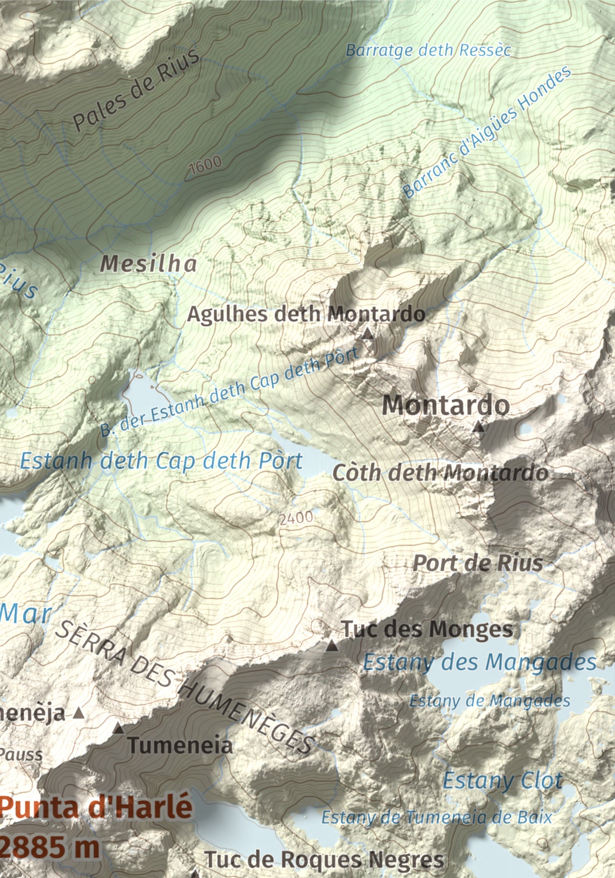 Mapa de relieve de Punta d'Harlé, 2885 m, Alta Ribagorça · Val d'Aran, lámina 100 Cims de Trobart. Detalle de la zona superior derecha. 21 × 30 cm.