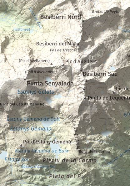 Mapa de relieve de Punta d'Harlé, 2885 m, Alta Ribagorça · Val d'Aran, lámina 100 Cims de Trobart. Detalle de la zona inferior izquierda. 21 × 30 cm.