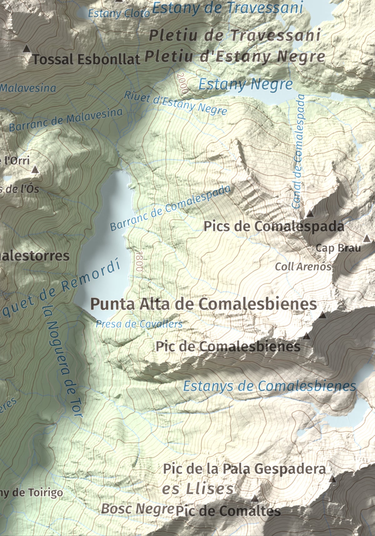 Mapa de relieve de Punta d'Harlé, 2885 m, Alta Ribagorça · Val d'Aran, lámina 100 Cims de Trobart. Detalle de la zona inferior derecha. 21 × 30 cm.