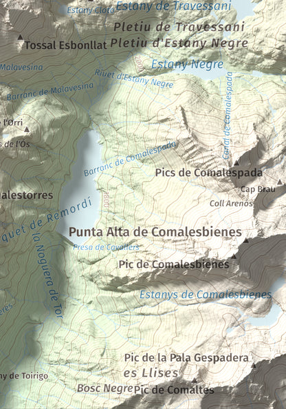 Mapa de relieve de Punta d'Harlé, 2885 m, Alta Ribagorça · Val d'Aran, lámina 100 Cims de Trobart. Detalle de la zona inferior derecha. 21 × 30 cm.