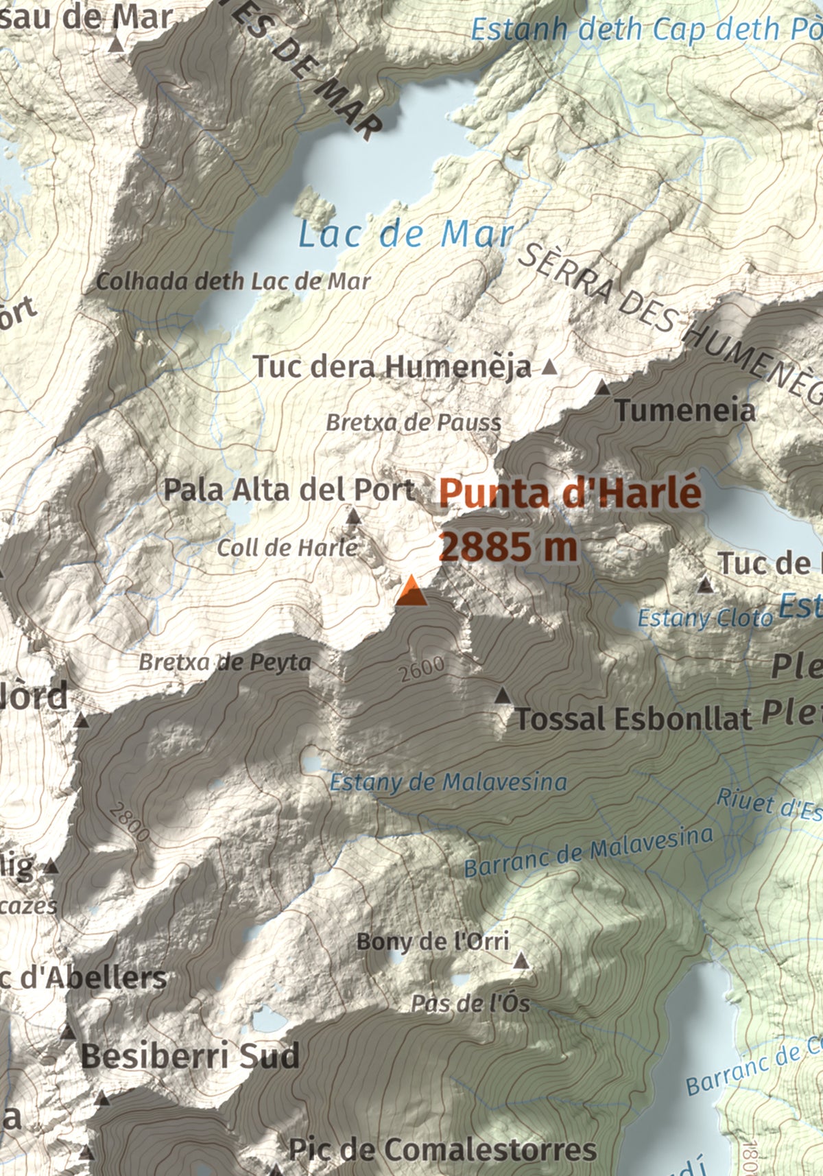Mapa de relieve de Punta d'Harlé, 2885 m, Alta Ribagorça · Val d'Aran, lámina 100 Cims de Trobart. Detalle de la zona central. 21 × 30 cm.
