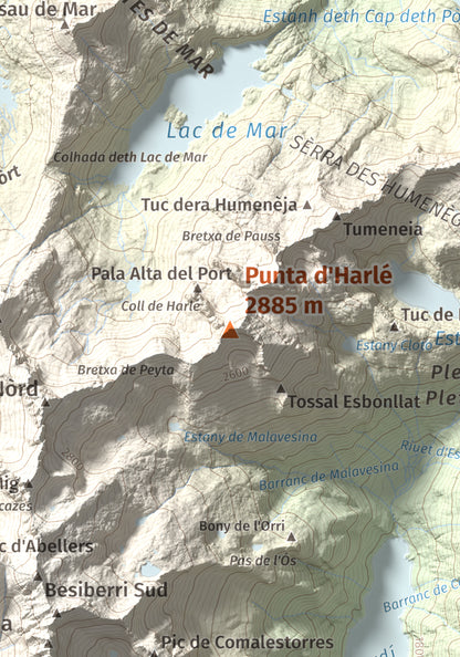 Mapa de relieve de Punta d'Harlé, 2885 m, Alta Ribagorça · Val d'Aran, lámina 100 Cims de Trobart. Detalle de la zona central. 21 × 30 cm.