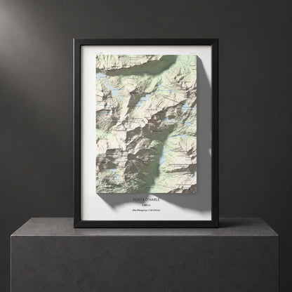 Mapa de relieve de Punta d'Harlé, 2885 m, Alta Ribagorça · Val d'Aran, lámina 100 Cims de Trobart. Presentación enmarcada. 30 × 40 cm.