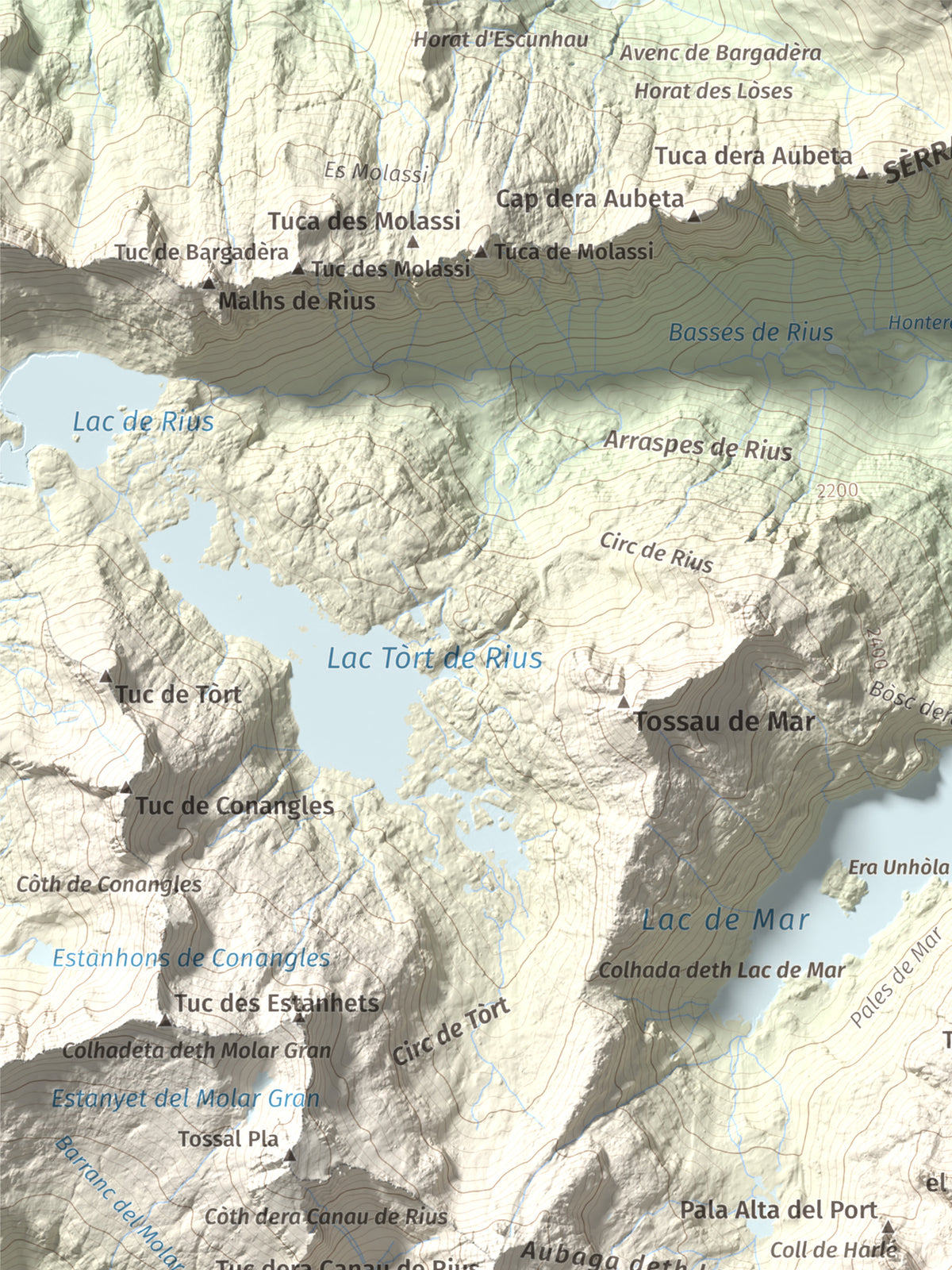 Mapa de relieve de Punta d'Harlé, 2885 m, Alta Ribagorça · Val d'Aran, lámina 100 Cims de Trobart. Detalle de la zona superior izquierda. 30 × 40 cm.