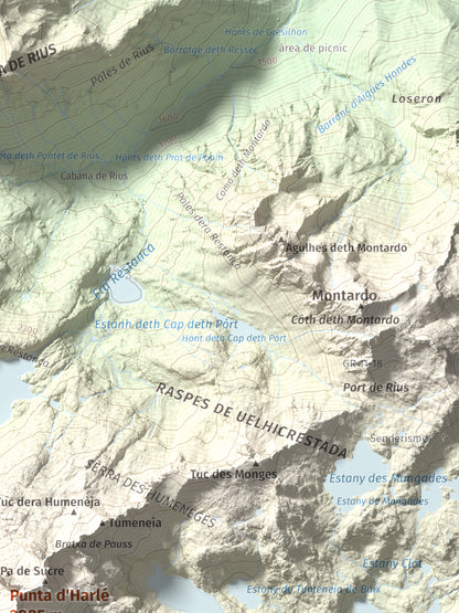 Mapa de relieve de Punta d'Harlé, 2885 m, Alta Ribagorça · Val d'Aran, lámina 100 Cims de Trobart. Detalle de la zona superior derecha. 30 × 40 cm.