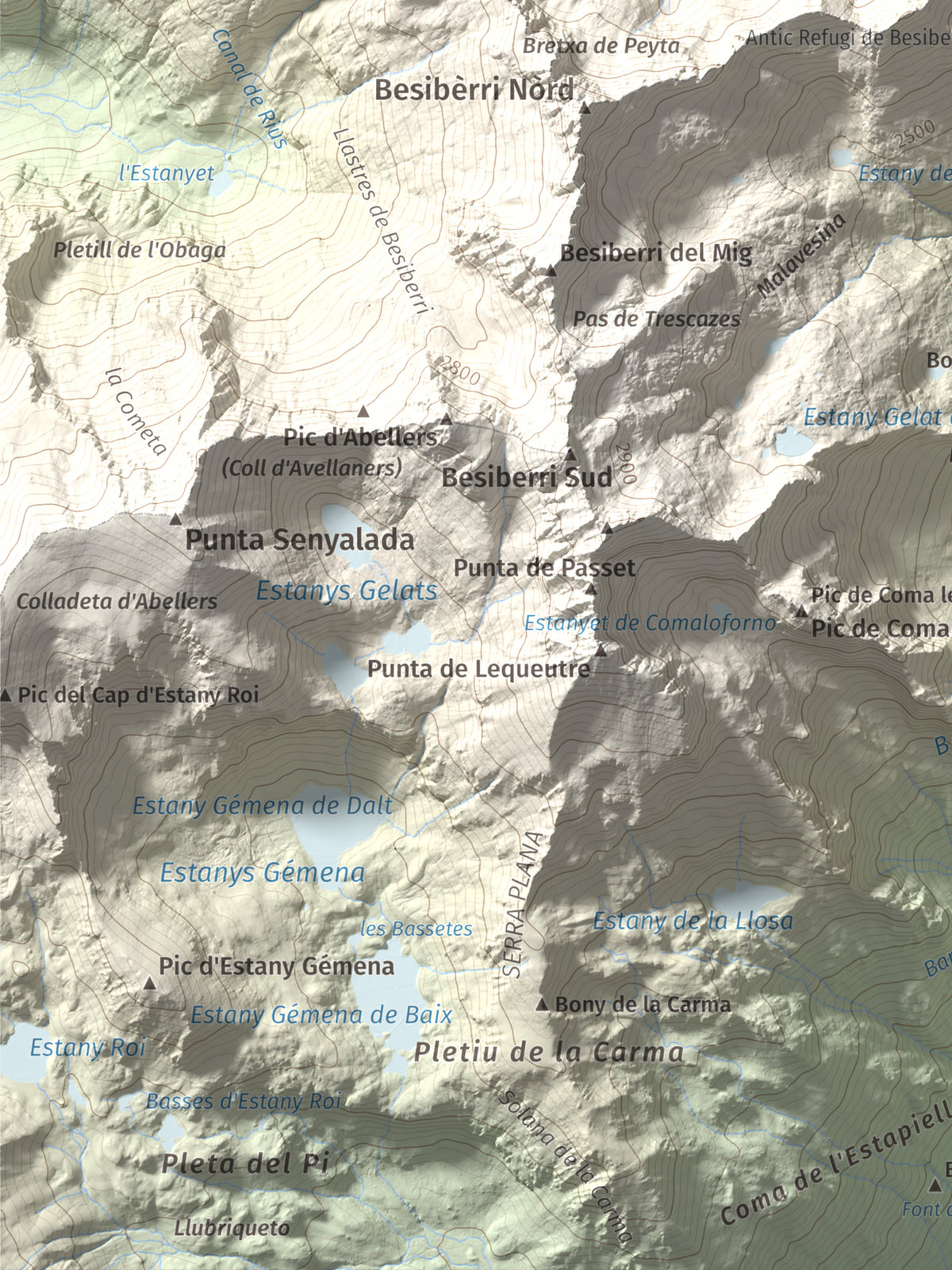 Mapa de relieve de Punta d'Harlé, 2885 m, Alta Ribagorça · Val d'Aran, lámina 100 Cims de Trobart. Detalle de la zona inferior izquierda. 30 × 40 cm.