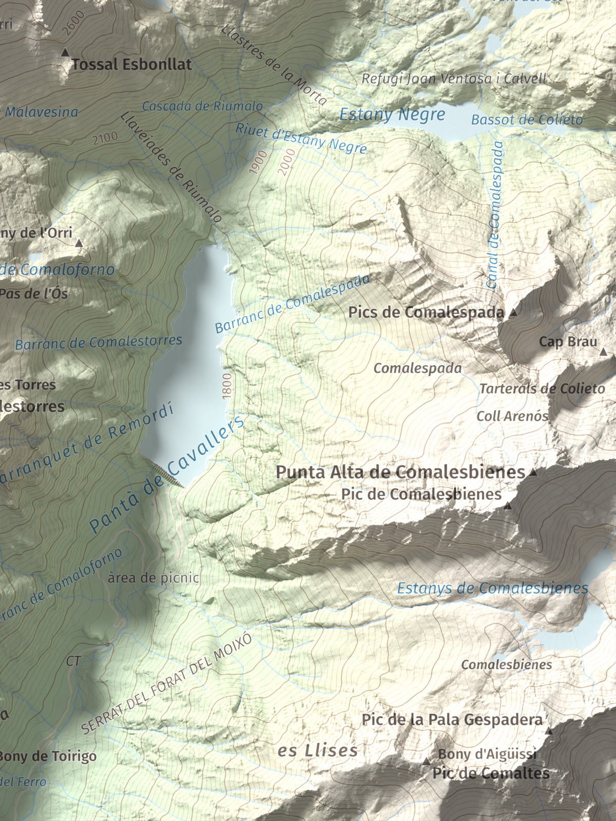 Mapa de relieve de Punta d'Harlé, 2885 m, Alta Ribagorça · Val d'Aran, lámina 100 Cims de Trobart. Detalle de la zona inferior derecha. 30 × 40 cm.