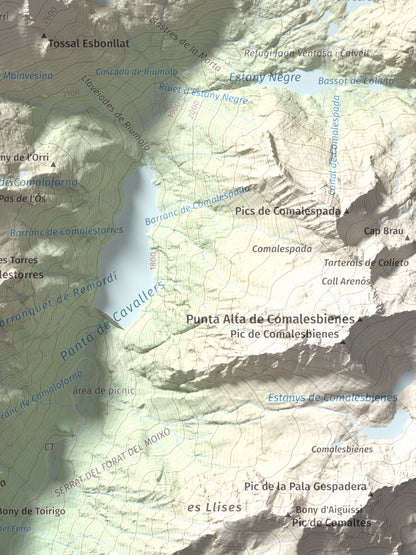 Mapa de relieve de Punta d'Harlé, 2885 m, Alta Ribagorça · Val d'Aran, lámina 100 Cims de Trobart. Detalle de la zona inferior derecha. 30 × 40 cm.