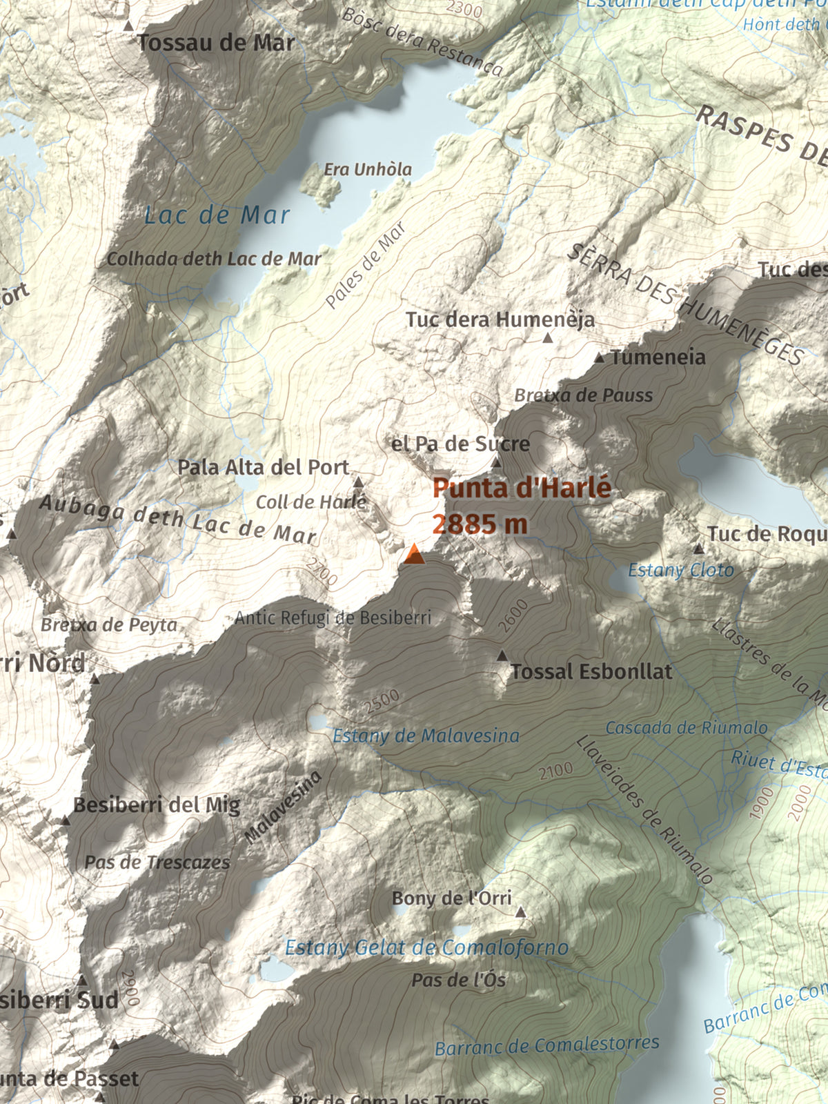 Mapa de relieve de Punta d'Harlé, 2885 m, Alta Ribagorça · Val d'Aran, lámina 100 Cims de Trobart. Detalle de la zona central. 30 × 40 cm.