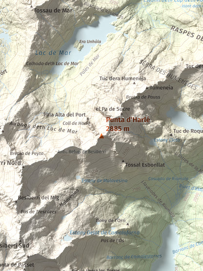 Mapa de relieve de Punta d'Harlé, 2885 m, Alta Ribagorça · Val d'Aran, lámina 100 Cims de Trobart. Detalle de la zona central. 30 × 40 cm.