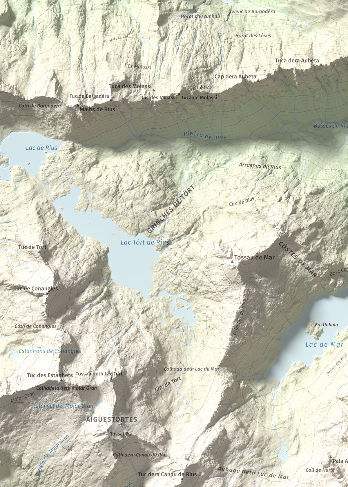 Mapa de relieve de Punta d'Harlé, 2885 m, Alta Ribagorça · Val d'Aran, lámina 100 Cims de Trobart. Detalle de la zona superior izquierda. 50 × 70 cm.