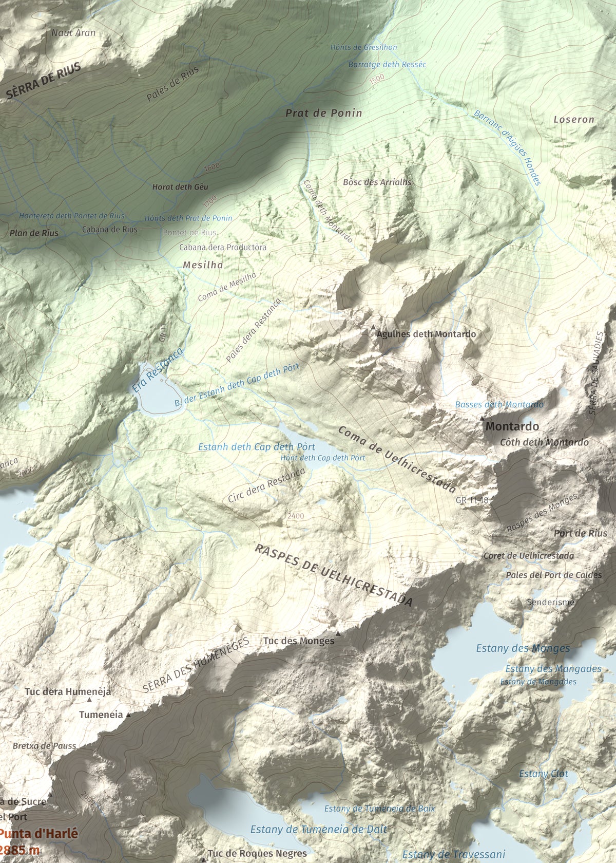 Mapa de relieve de Punta d'Harlé, 2885 m, Alta Ribagorça · Val d'Aran, lámina 100 Cims de Trobart. Detalle de la zona superior derecha. 50 × 70 cm.