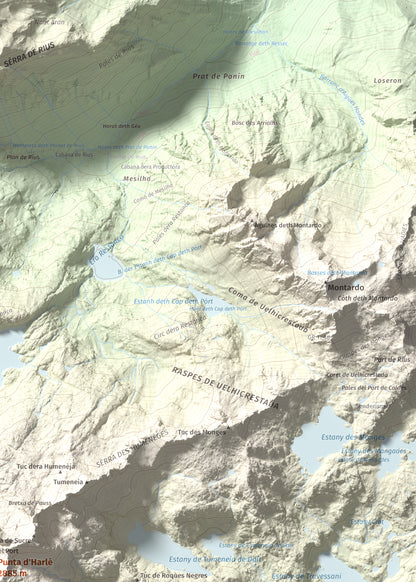 Mapa de relieve de Punta d'Harlé, 2885 m, Alta Ribagorça · Val d'Aran, lámina 100 Cims de Trobart. Detalle de la zona superior derecha. 50 × 70 cm.