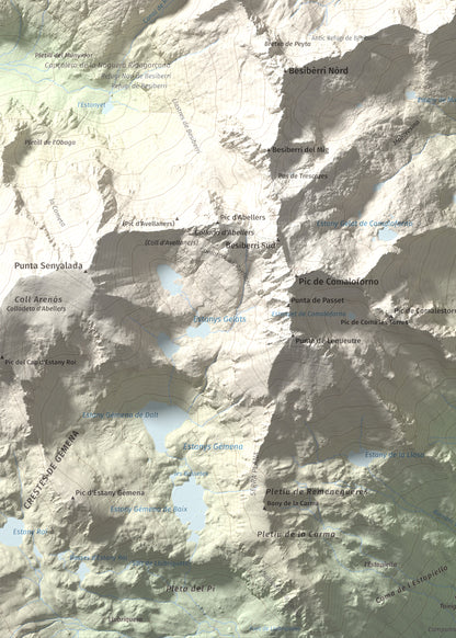 Mapa de relieve de Punta d'Harlé, 2885 m, Alta Ribagorça · Val d'Aran, lámina 100 Cims de Trobart. Detalle de la zona inferior izquierda. 50 × 70 cm.
