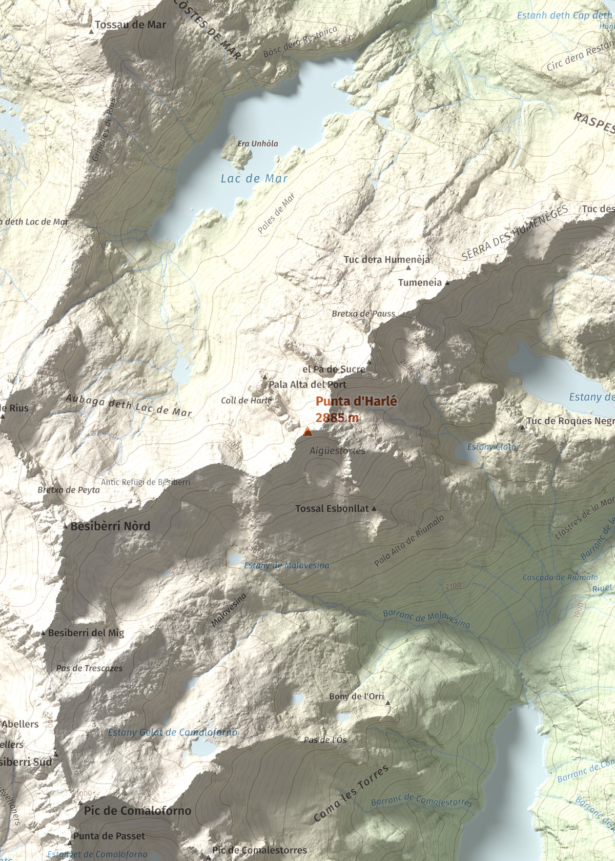 Mapa de relieve de Punta d'Harlé, 2885 m, Alta Ribagorça · Val d'Aran, lámina 100 Cims de Trobart. Detalle de la zona central. 50 × 70 cm.