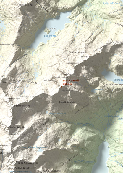 Mapa de relieve de Punta d'Harlé, 2885 m, Alta Ribagorça · Val d'Aran, lámina 100 Cims de Trobart. Detalle de la zona central. 50 × 70 cm.
