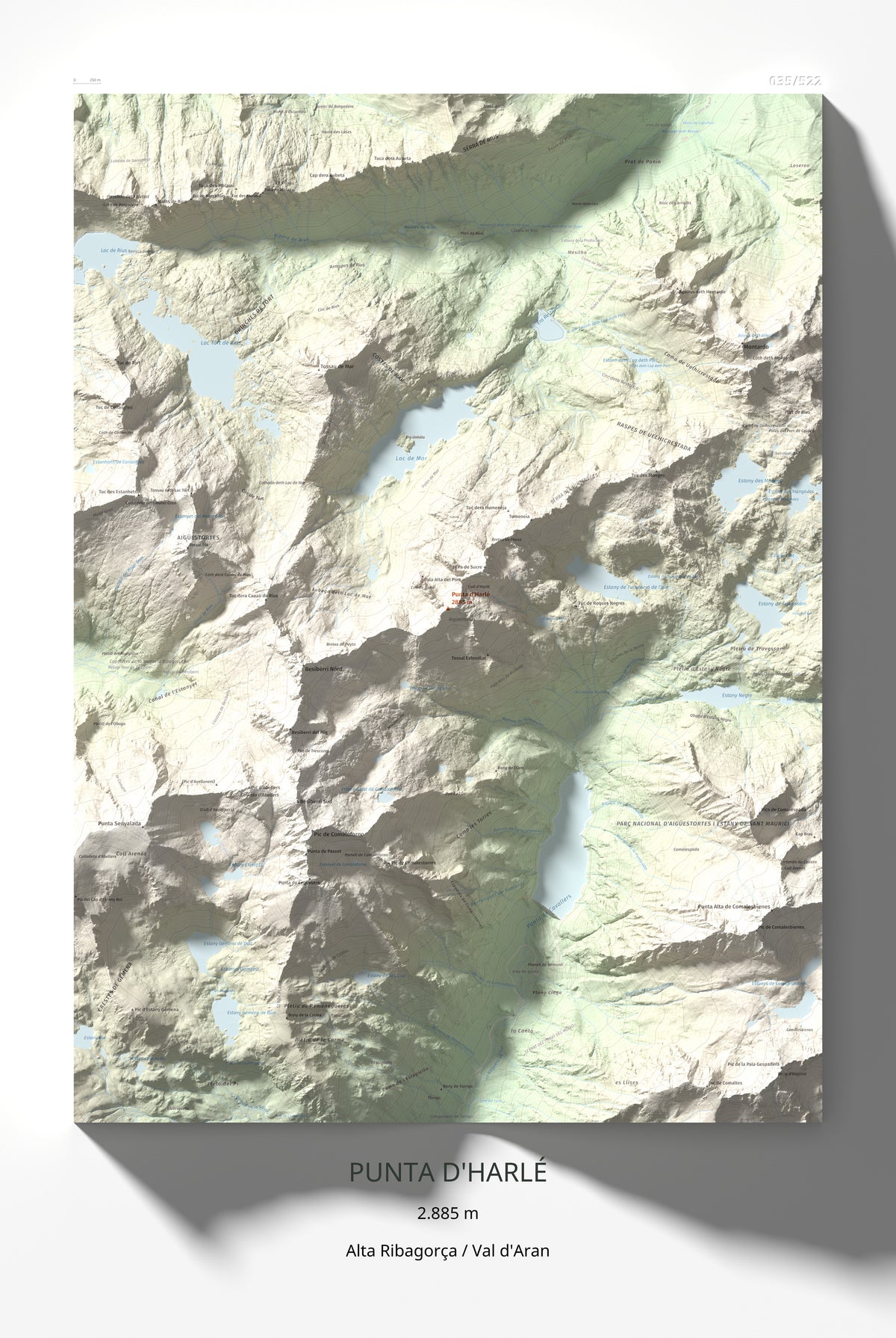 Mapa de relieve de Punta d'Harlé, 2885 m, Alta Ribagorça · Val d'Aran, lámina 100 Cims de Trobart 61 × 91 cm.