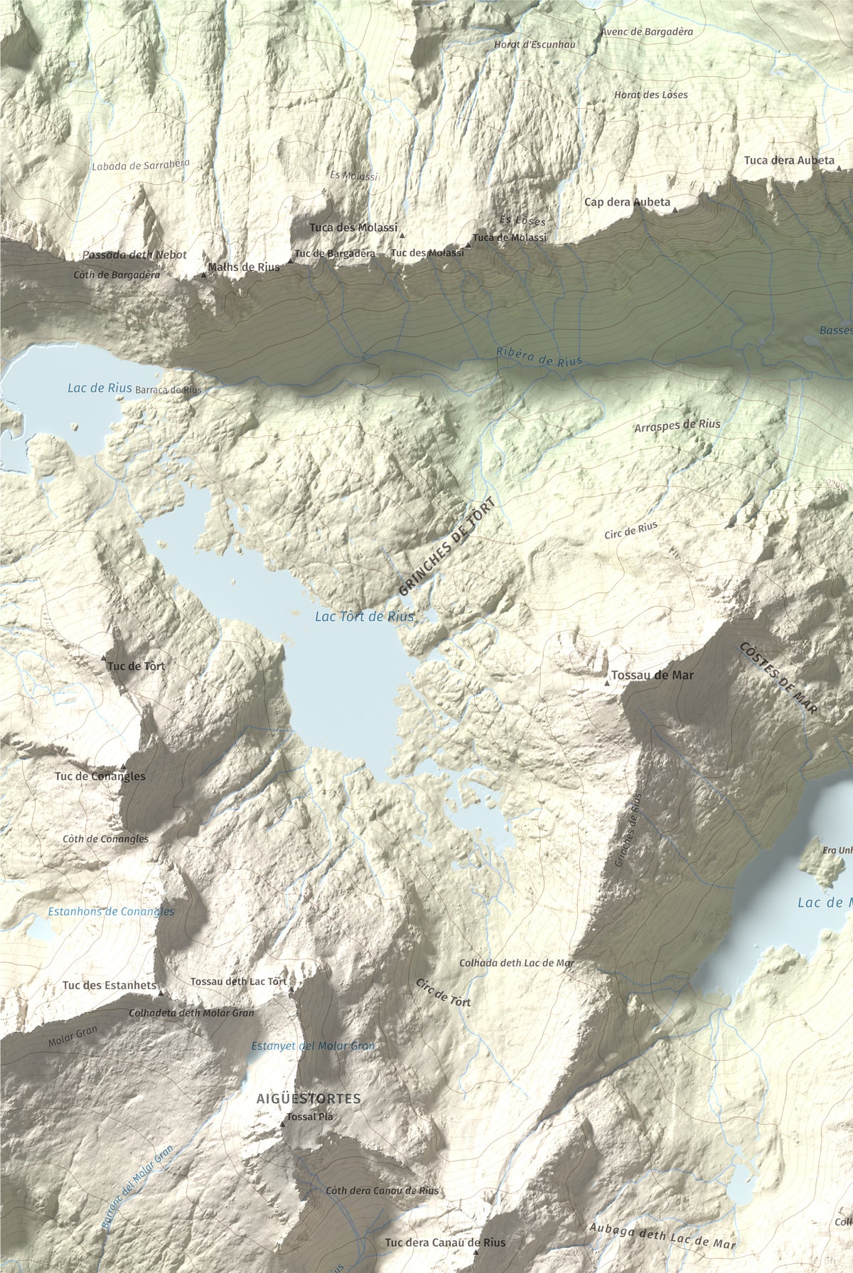 Mapa de relieve de Punta d'Harlé, 2885 m, Alta Ribagorça · Val d'Aran, lámina 100 Cims de Trobart. Detalle de la zona superior izquierda. 61 × 91 cm.