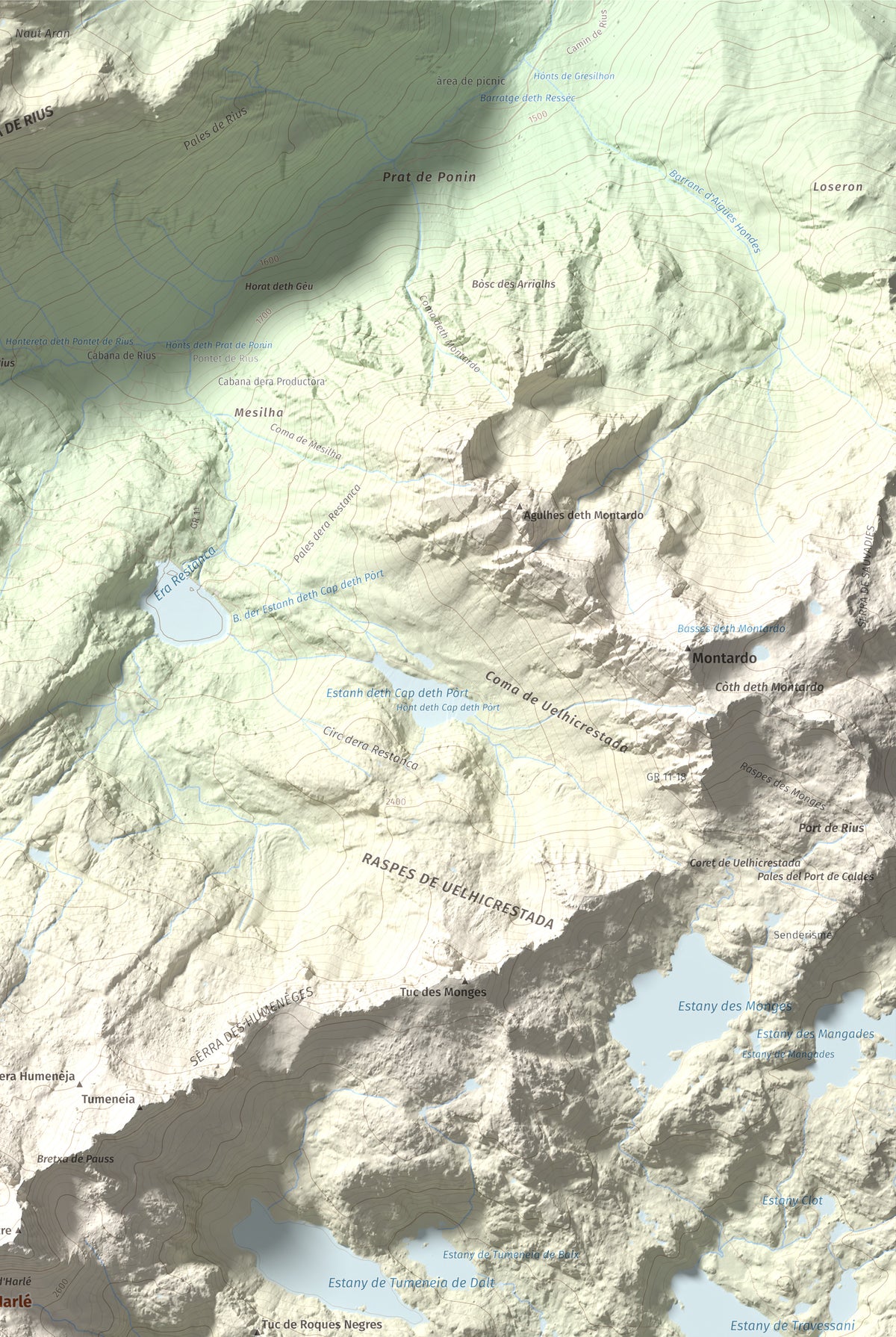 Mapa de relieve de Punta d'Harlé, 2885 m, Alta Ribagorça · Val d'Aran, lámina 100 Cims de Trobart. Detalle de la zona superior derecha. 61 × 91 cm.