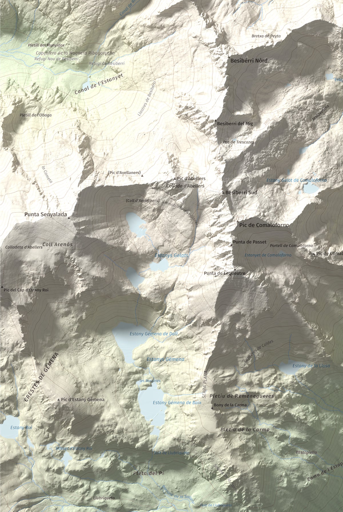 Mapa de relieve de Punta d'Harlé, 2885 m, Alta Ribagorça · Val d'Aran, lámina 100 Cims de Trobart. Detalle de la zona inferior izquierda. 61 × 91 cm.