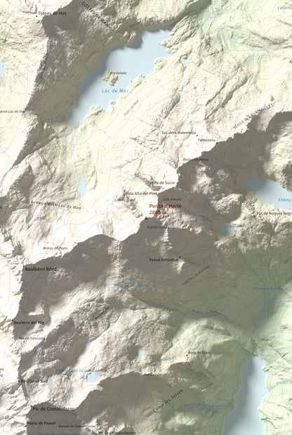 Mapa de relieve de Punta d'Harlé, 2885 m, Alta Ribagorça · Val d'Aran, lámina 100 Cims de Trobart. Detalle de la zona central. 61 × 91 cm.
