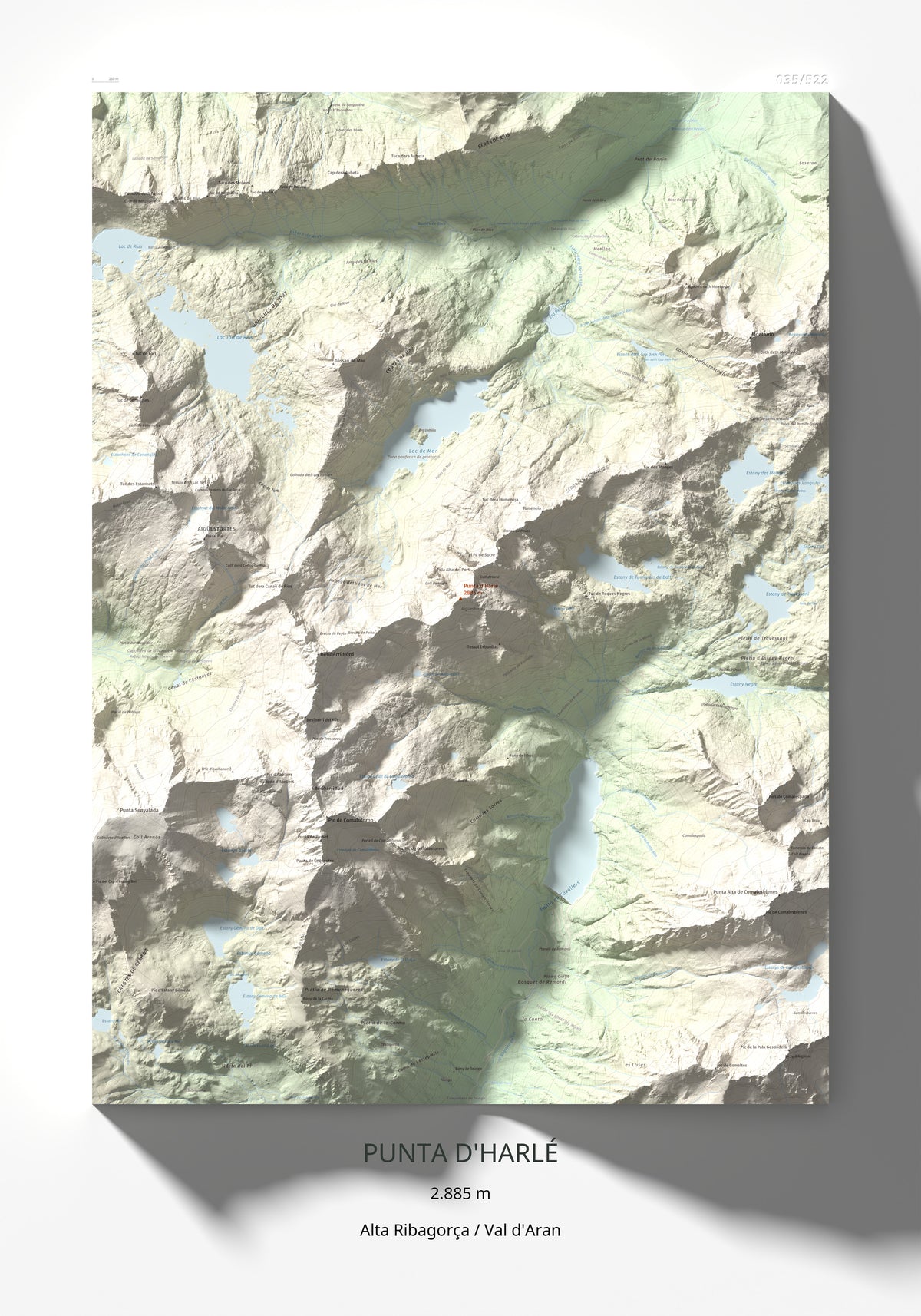 Mapa de relieve de Punta d'Harlé, 2885 m, Alta Ribagorça · Val d'Aran, lámina 100 Cims de Trobart 70 × 100 cm.