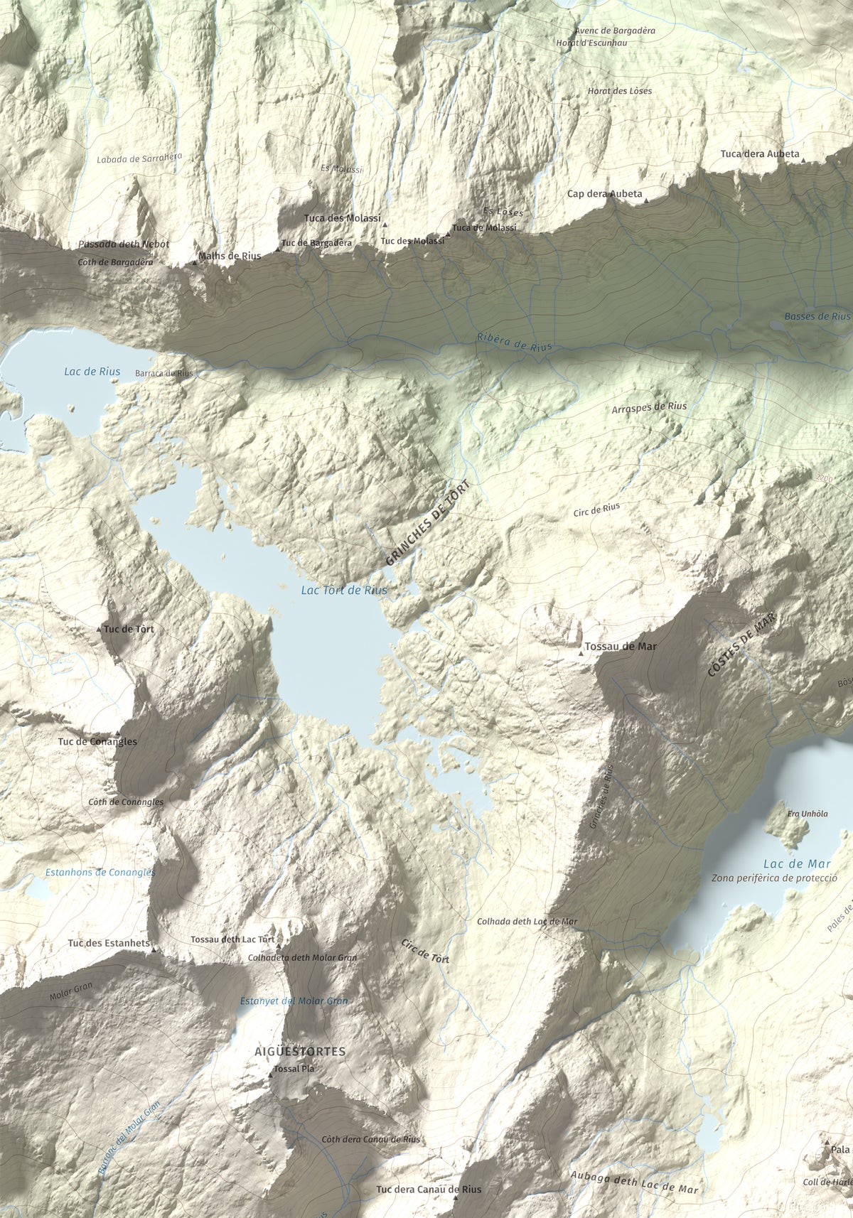 Mapa de relieve de Punta d'Harlé, 2885 m, Alta Ribagorça · Val d'Aran, lámina 100 Cims de Trobart. Detalle de la zona superior izquierda. 70 × 100 cm.