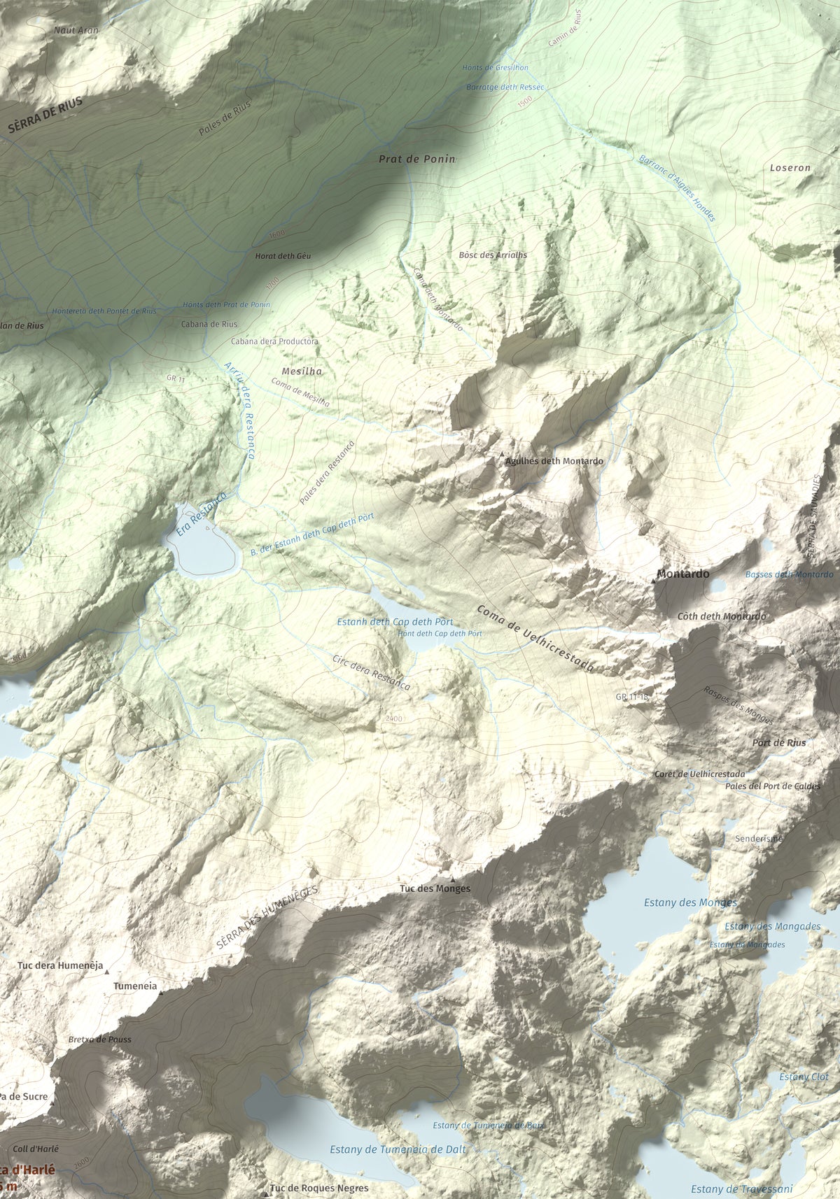 Mapa de relieve de Punta d'Harlé, 2885 m, Alta Ribagorça · Val d'Aran, lámina 100 Cims de Trobart. Detalle de la zona superior derecha. 70 × 100 cm.