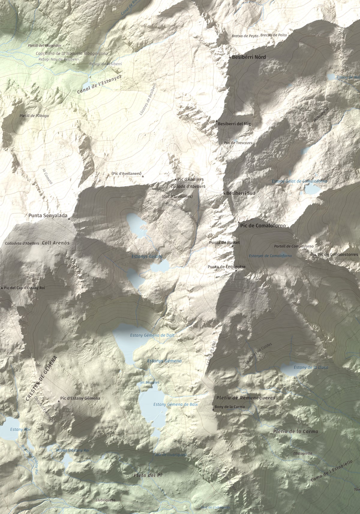 Mapa de relieve de Punta d'Harlé, 2885 m, Alta Ribagorça · Val d'Aran, lámina 100 Cims de Trobart. Detalle de la zona inferior izquierda. 70 × 100 cm.