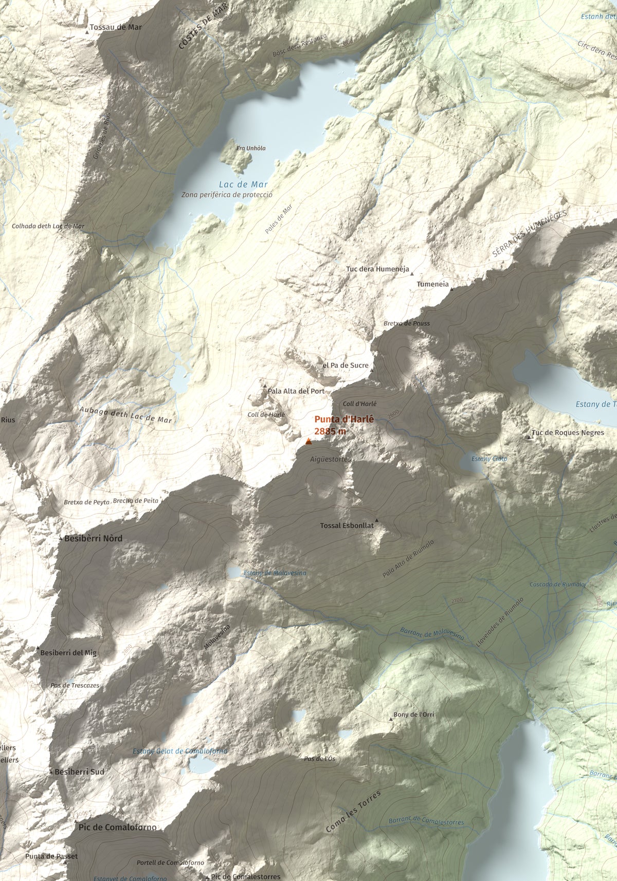 Mapa de relieve de Punta d'Harlé, 2885 m, Alta Ribagorça · Val d'Aran, lámina 100 Cims de Trobart. Detalle de la zona central. 70 × 100 cm.