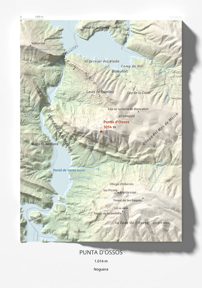 Mapa de relieve de Punta d'Ossos, 1014 m, Noguera, lámina 100 Cims de Trobart 21 × 30 cm.