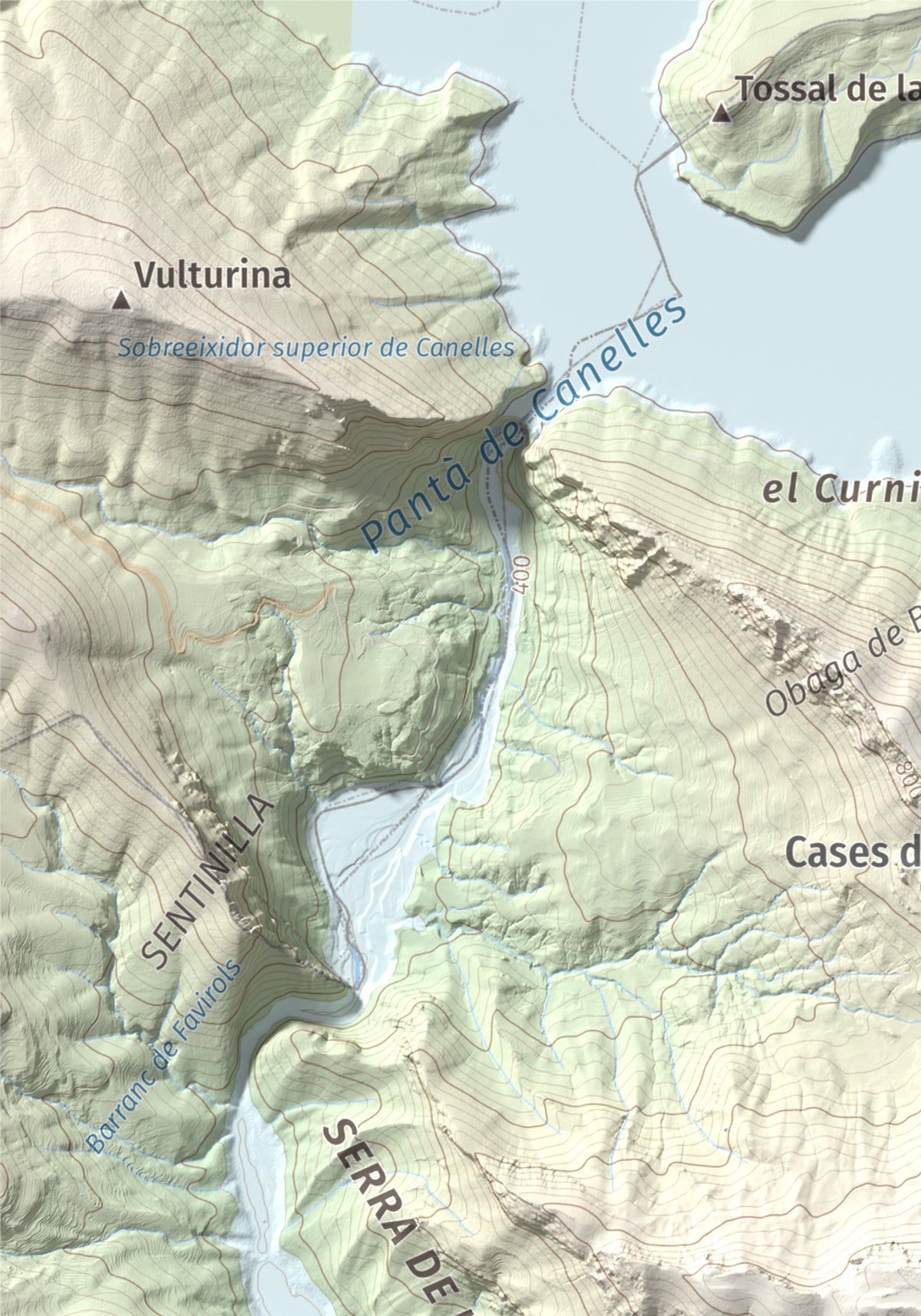 Mapa de relieve de Punta d'Ossos, 1014 m, Noguera, lámina 100 Cims de Trobart. Detalle de la zona superior izquierda. 21 × 30 cm.