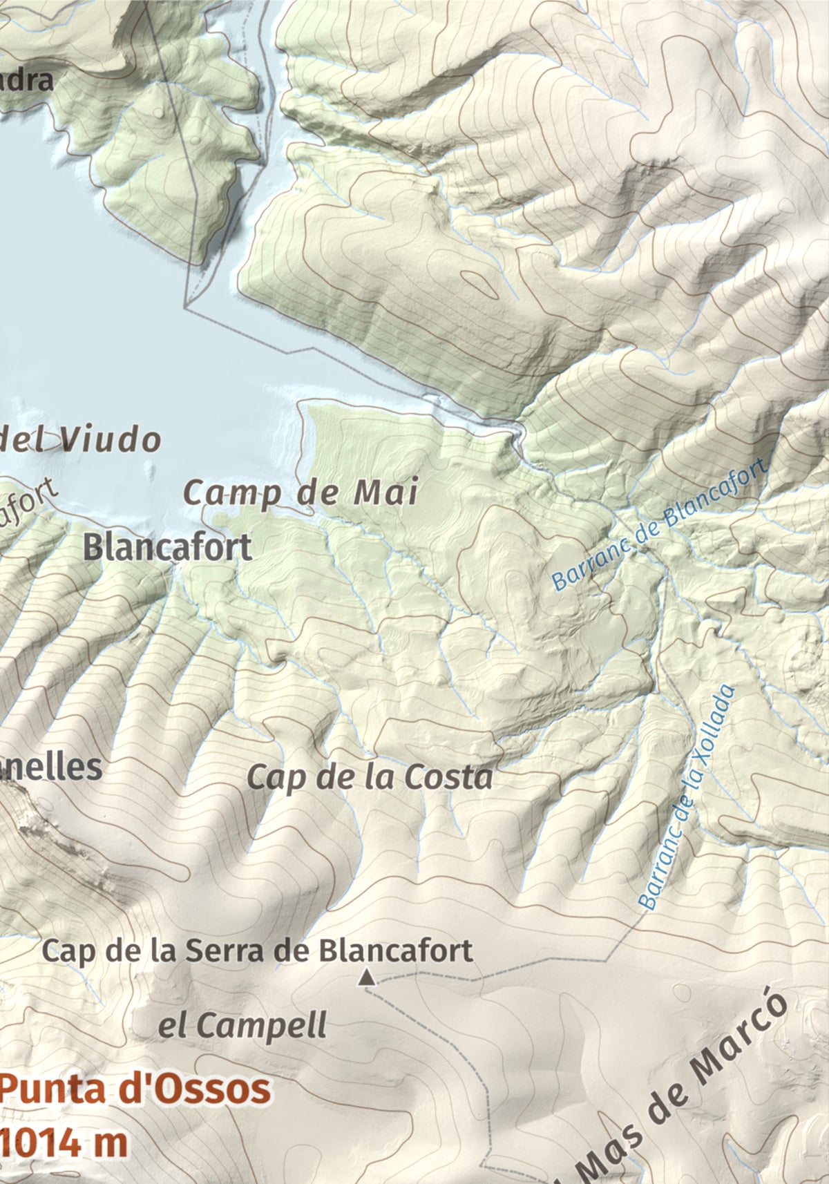 Mapa de relieve de Punta d'Ossos, 1014 m, Noguera, lámina 100 Cims de Trobart. Detalle de la zona superior derecha. 21 × 30 cm.