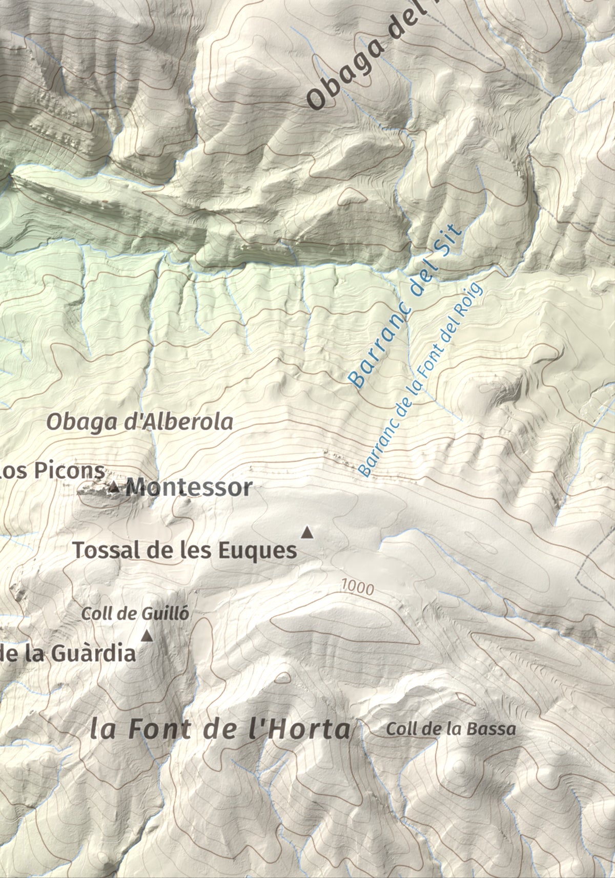 Mapa de relieve de Punta d'Ossos, 1014 m, Noguera, lámina 100 Cims de Trobart. Detalle de la zona inferior derecha. 21 × 30 cm.