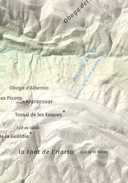 Mapa de relieve de Punta d'Ossos, 1014 m, Noguera, lámina 100 Cims de Trobart. Detalle de la zona inferior derecha. 21 × 30 cm.