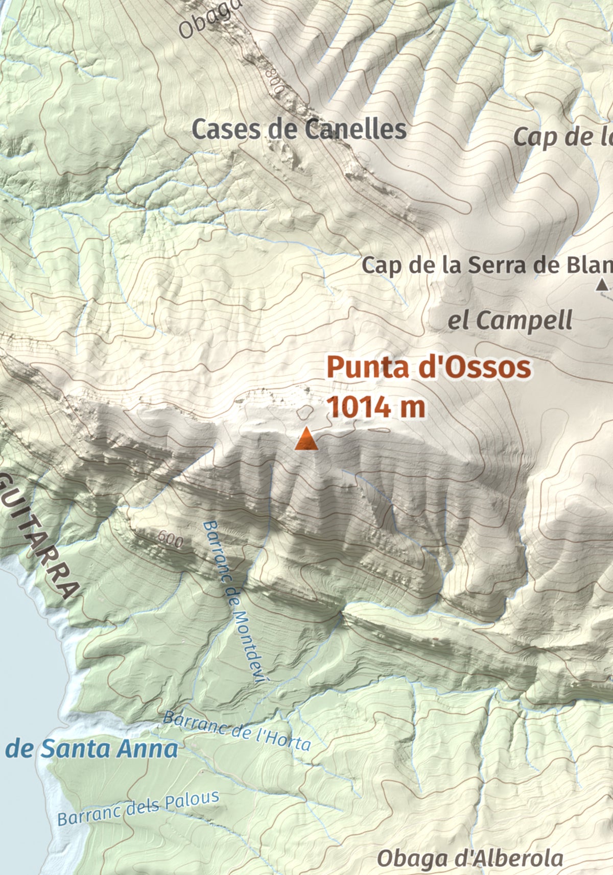 Mapa de relieve de Punta d'Ossos, 1014 m, Noguera, lámina 100 Cims de Trobart. Detalle de la zona central. 21 × 30 cm.