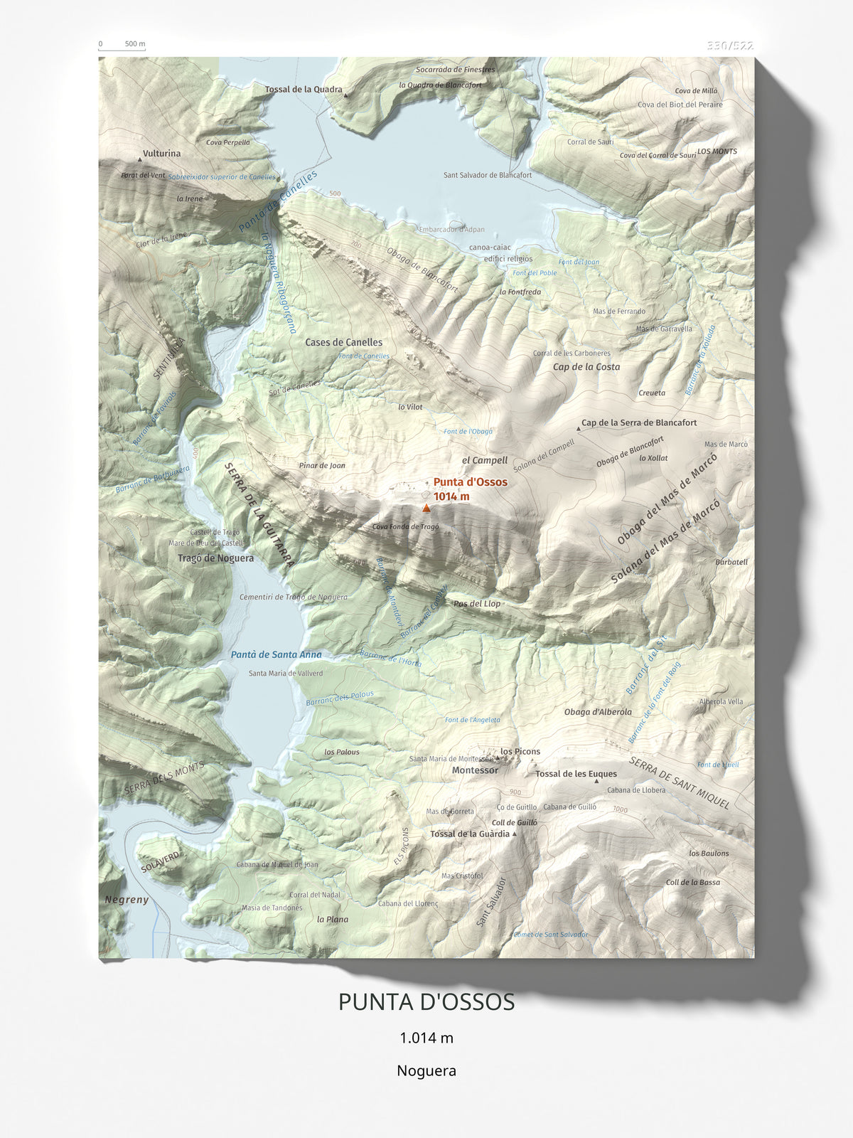 Mapa de relieve de Punta d'Ossos, 1014 m, Noguera, lámina 100 Cims de Trobart 30 × 40 cm.