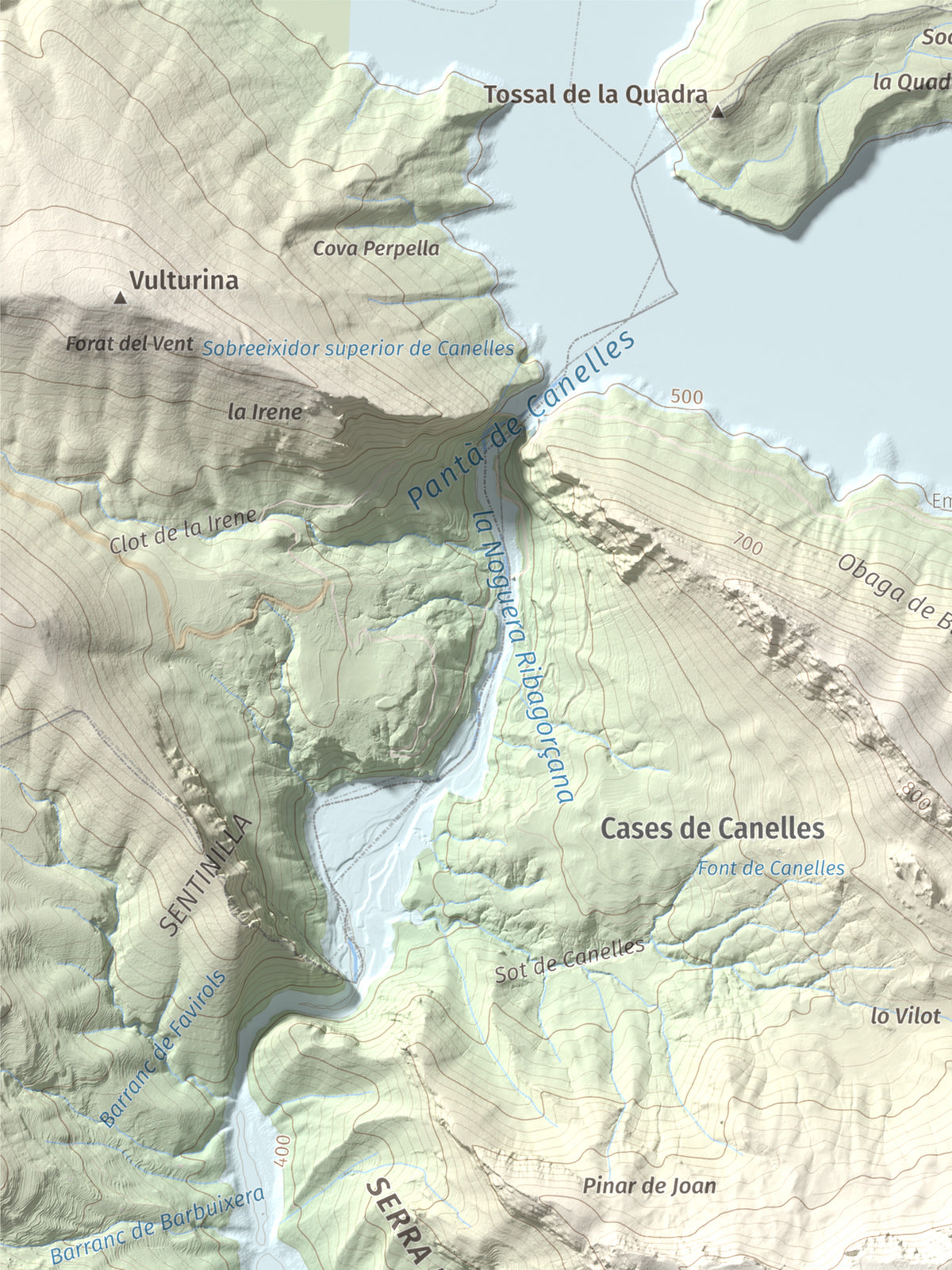 Mapa de relieve de Punta d'Ossos, 1014 m, Noguera, lámina 100 Cims de Trobart. Detalle de la zona superior izquierda. 30 × 40 cm.